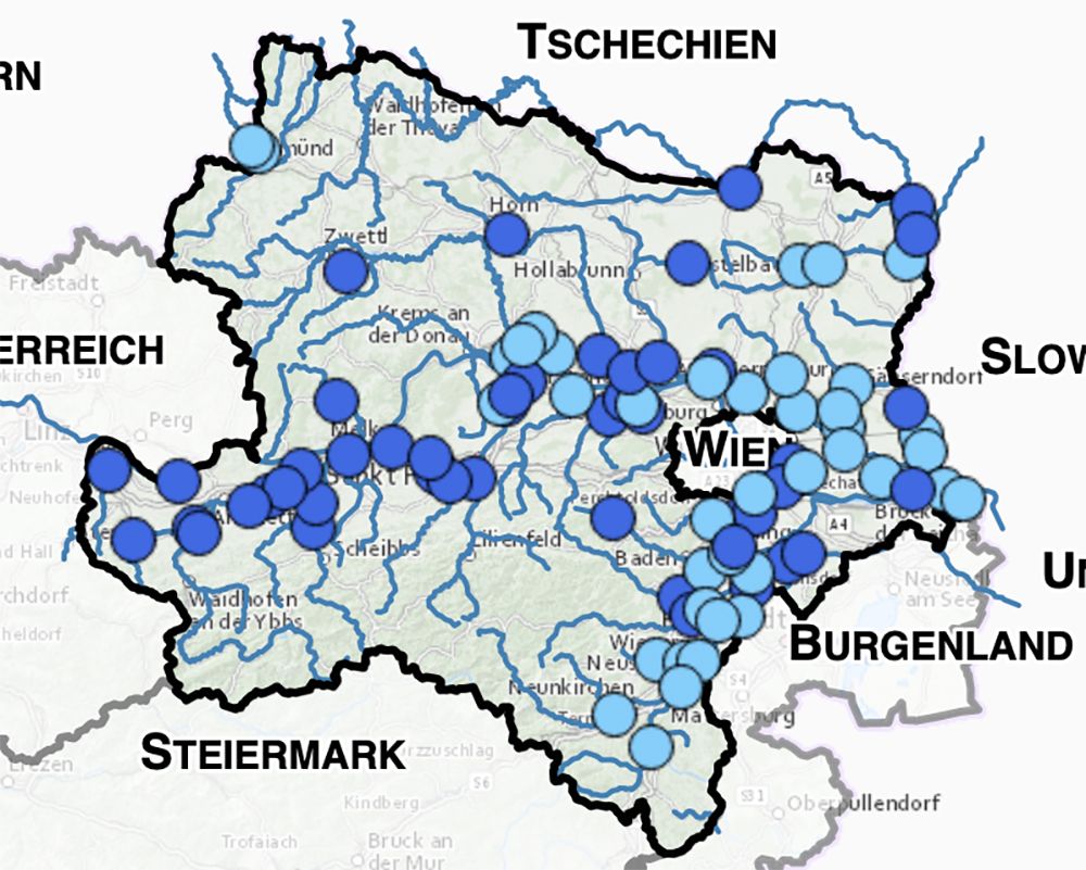 Karte mit Grundwasser-Messstellen in Niederösterreich. 