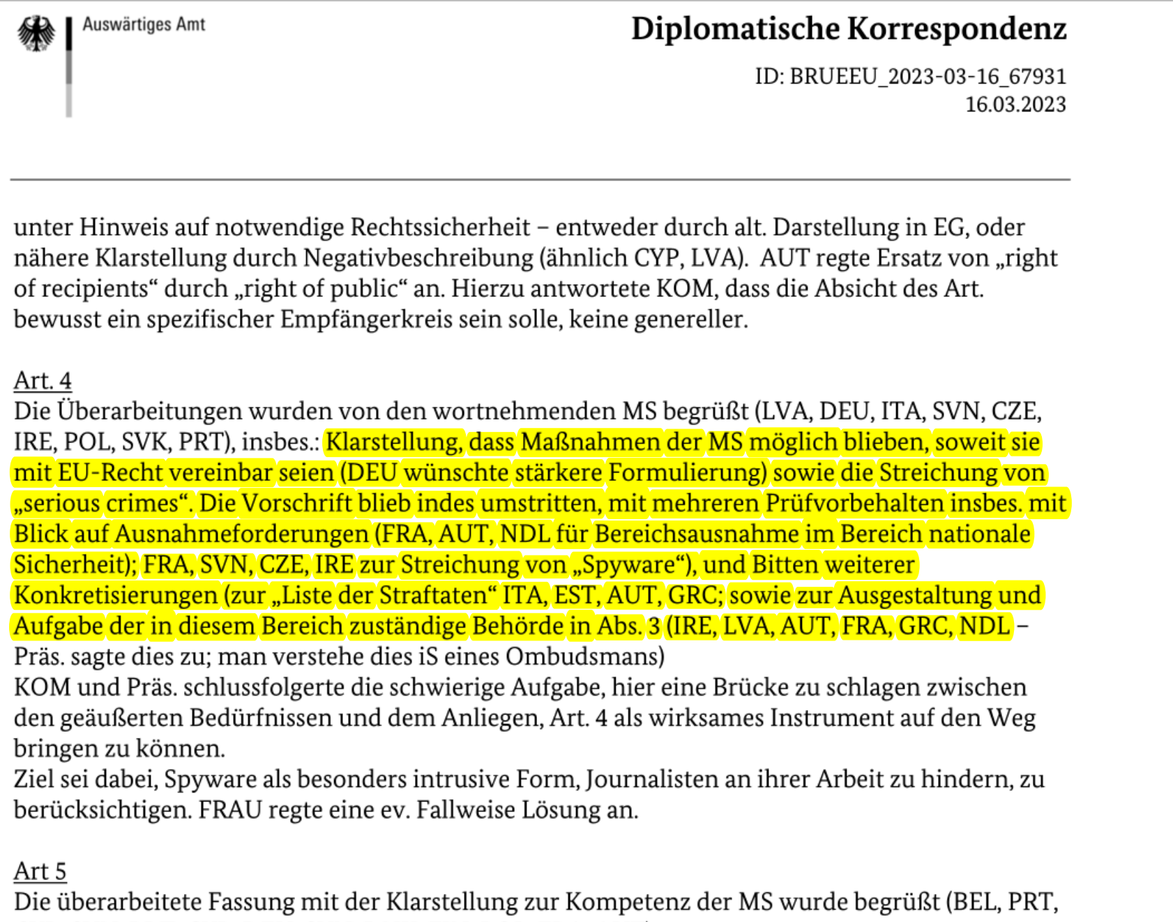 Ausschnitt aus dem internen Dokument der Europaratsarbeitsgruppe