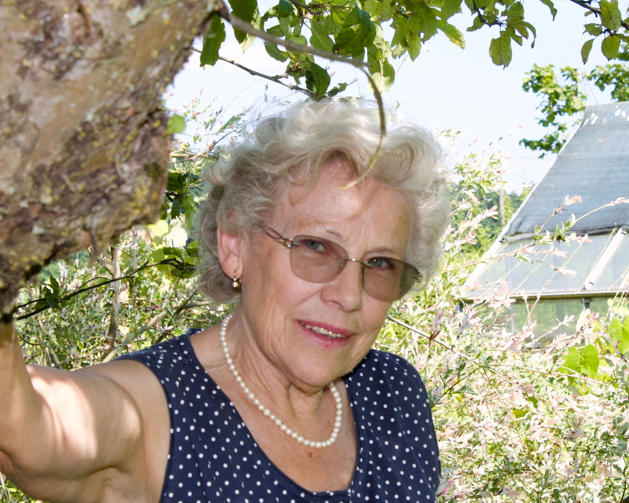 Porträtfoto einer älteren Frau mit kurzen Locken, getupftem Shirt, Perlenkette und einer getönten Brille. Sie steht neben einem Baum vor einer blühenden Hecke.